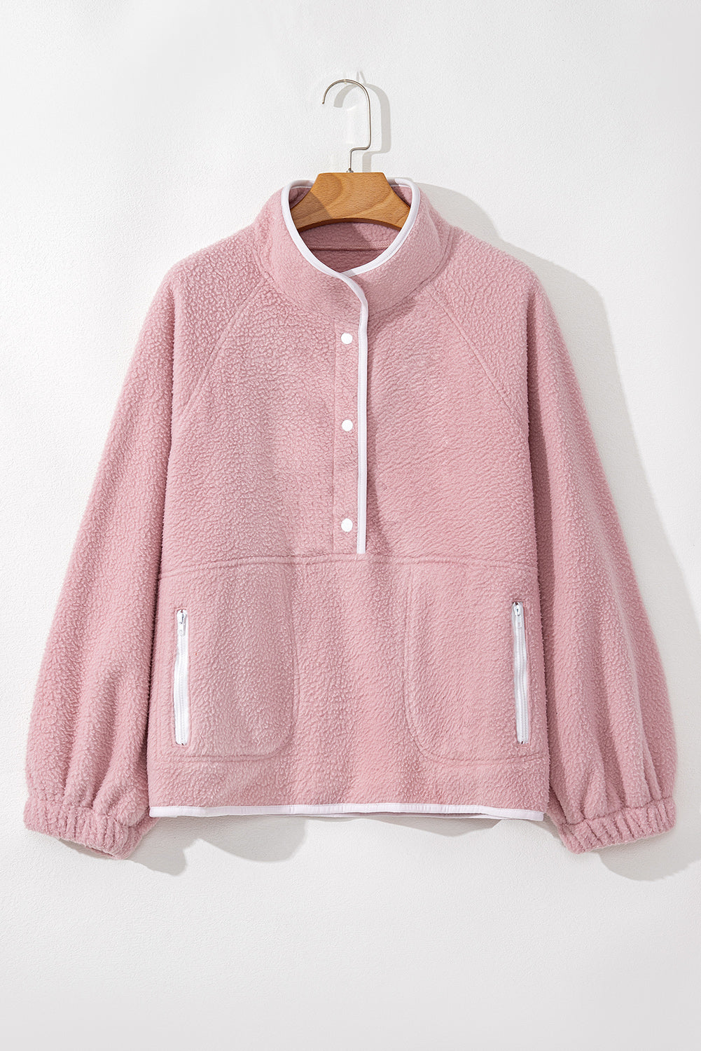 Fushia High Collar Long Sleeve Pocket Pullover Sweatshirt