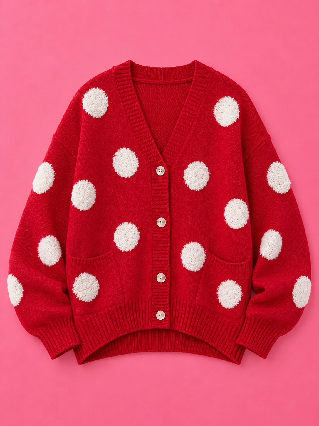 Red Polka Dot Button Front Oversized V Neck Cardigan