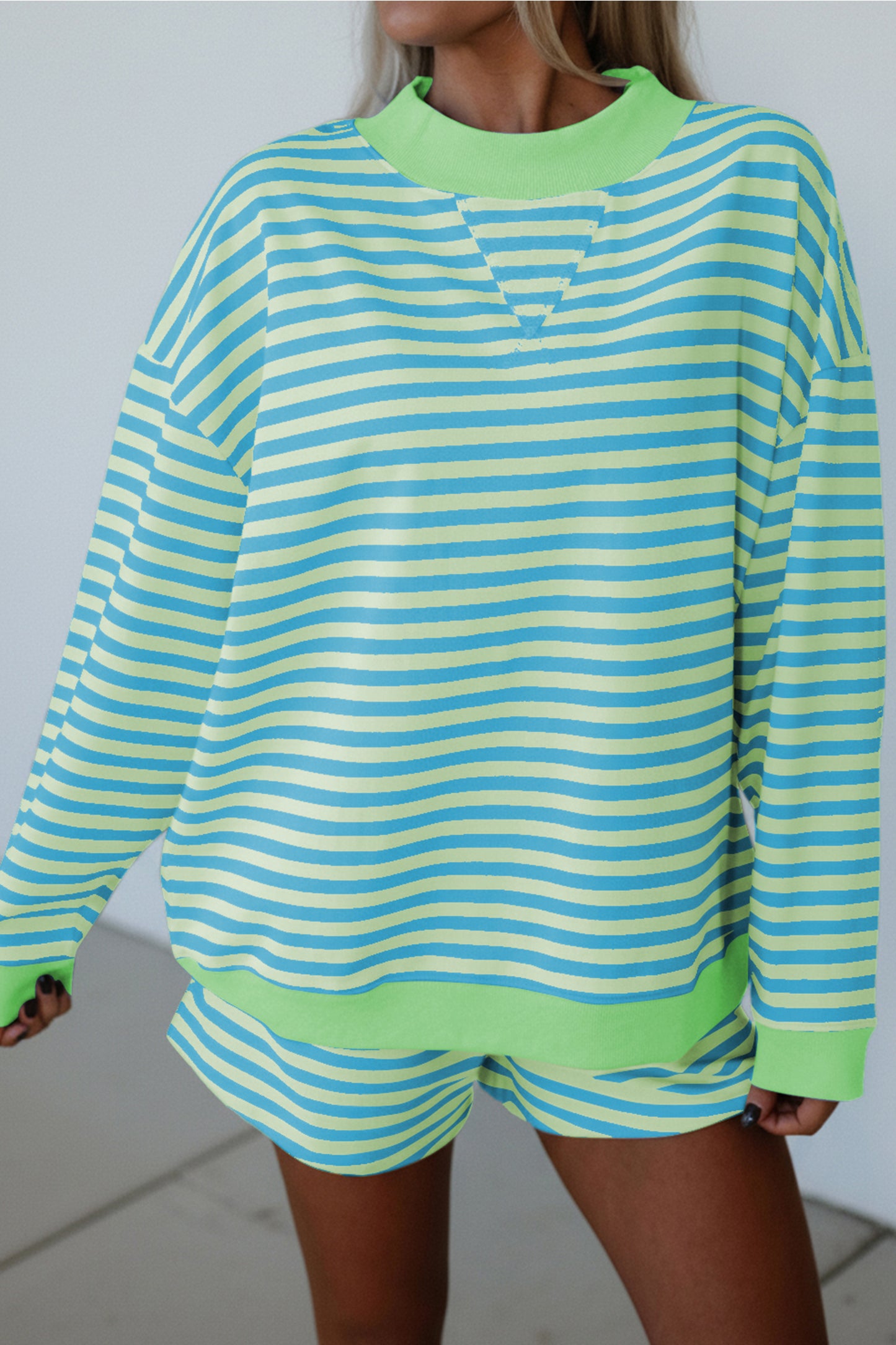 Green Stripe Color Block Detail Long Sleeve Pullover Elastic Waist Pull On Shorts 2pcs Set