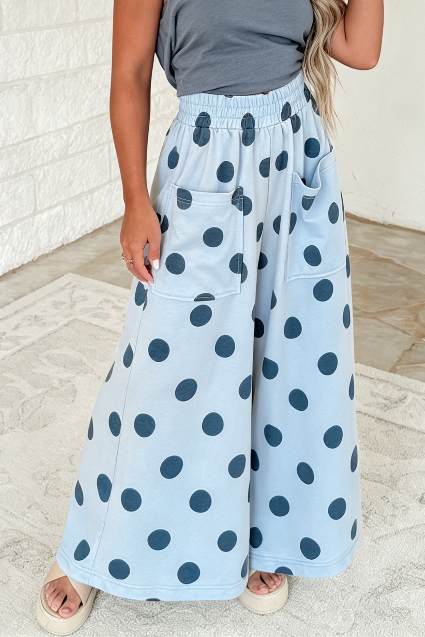 Sky Blue Polka Dot Elastic Waist Pocketed Wide Leg Pants pre order