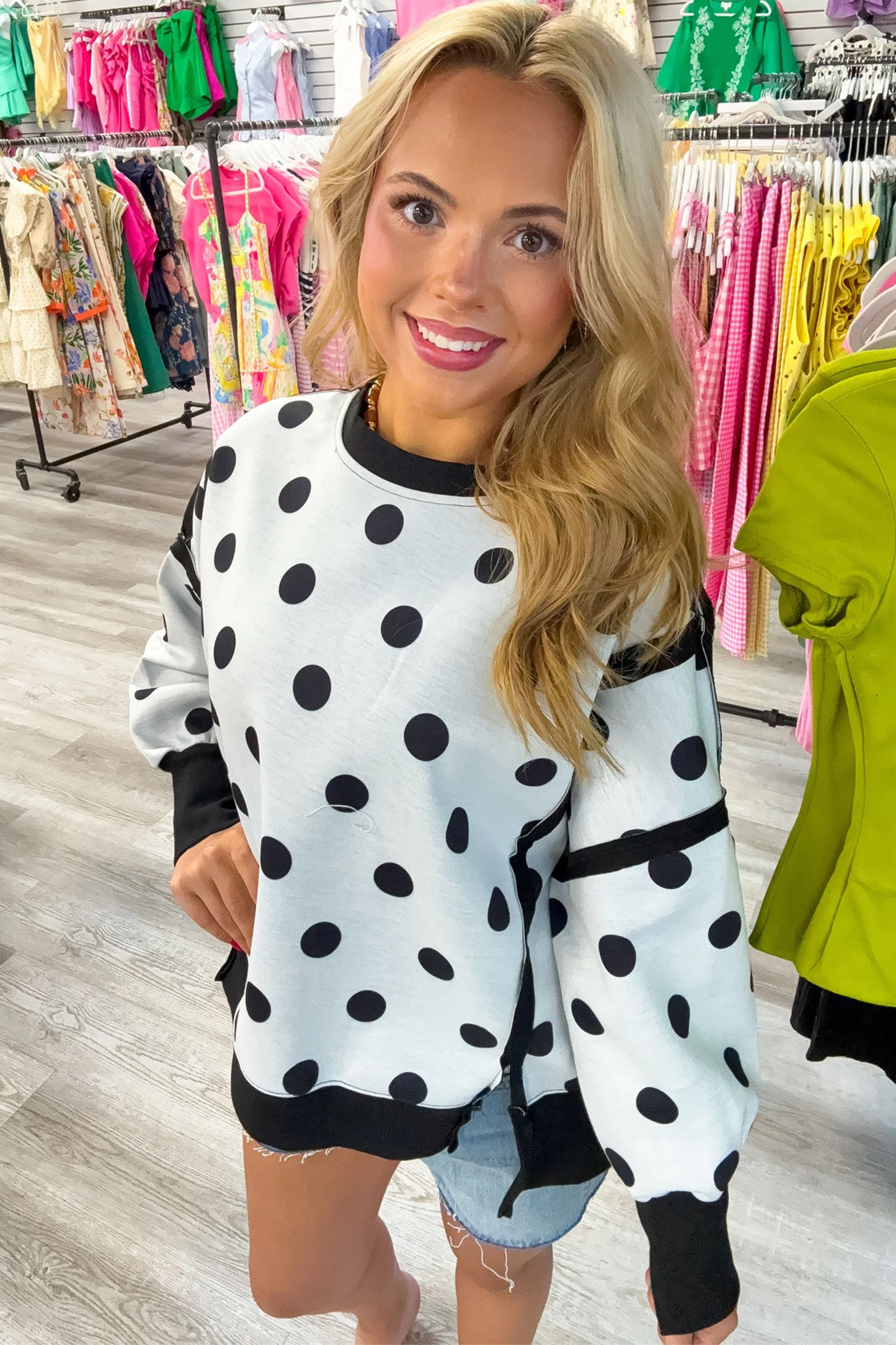 White Polka Dot Contrast Patchwork Round Neck Baggy Sweatshirt