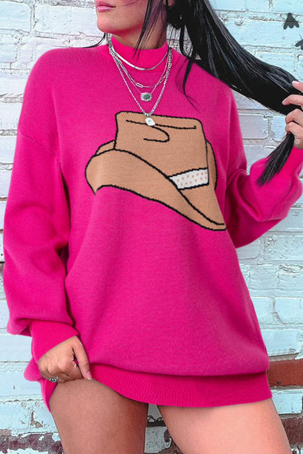 Rose Red YEEHAW Cowboy Hat Drop Shoulder Oversized Sweater