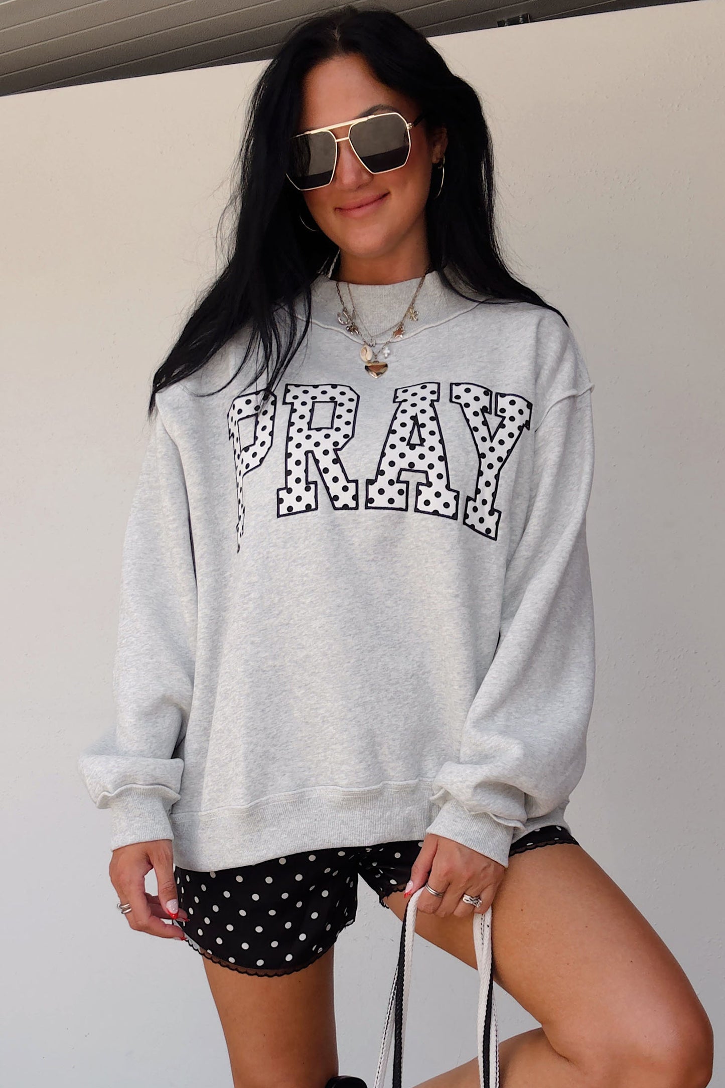 Gray PRAY Polka Dot Embroidered Mock Neck Sweatshirt
