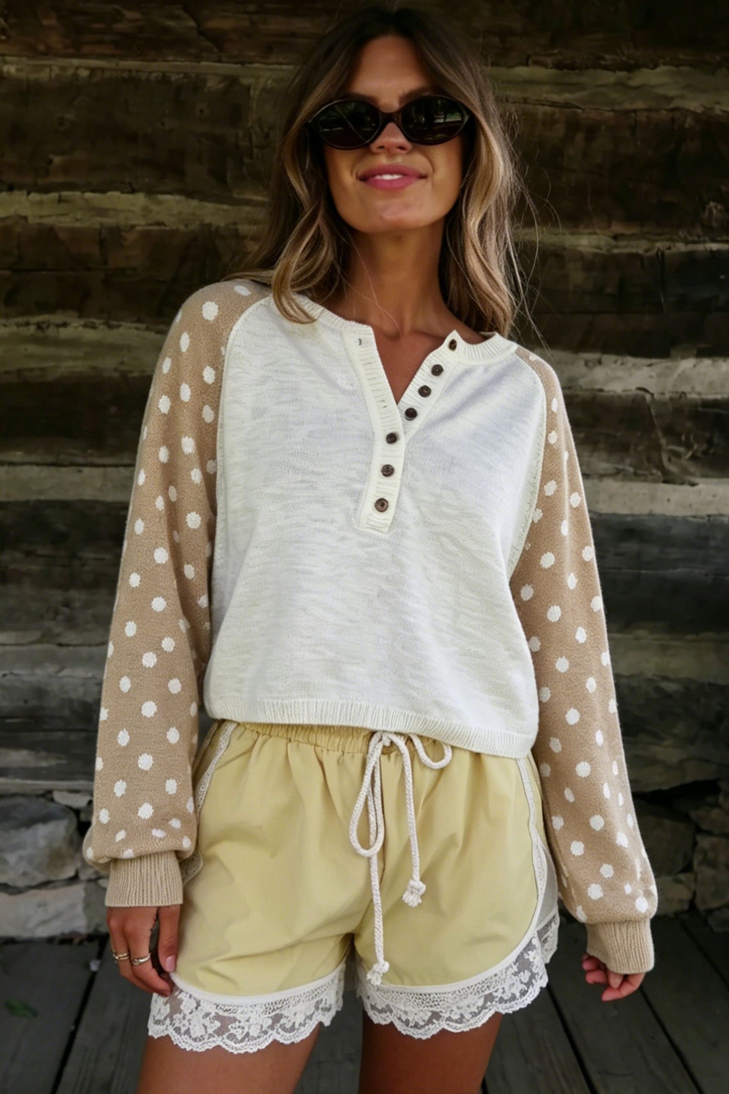 Khaki Polka Dot Contrast Long Sleeve Button V Neck Sweater