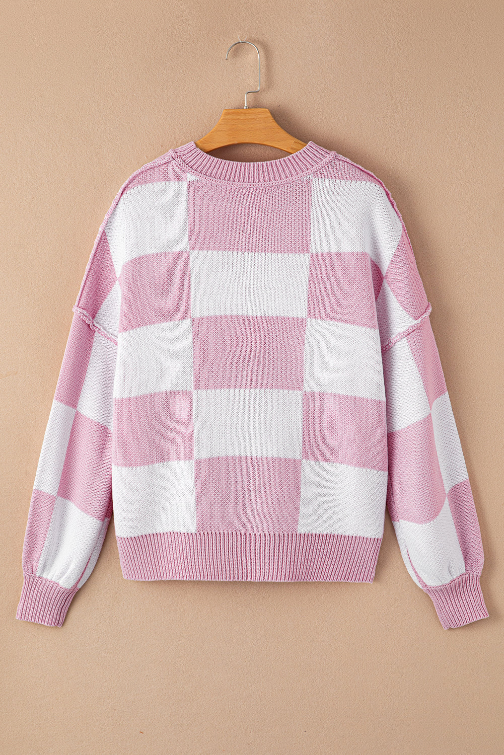 Rosy Checkered Bishop Sleeve Sweater