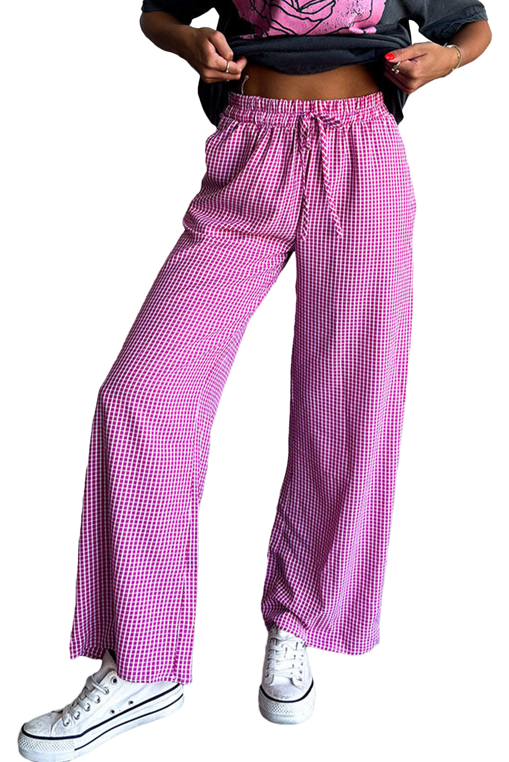 Prairie Rose Plaid Drawstring Wide-Leg Pants