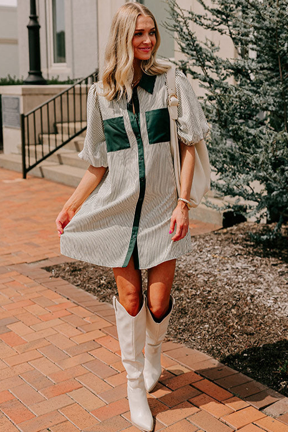 Green Patch Pockets Button Down Short Puff Sleeve Dress