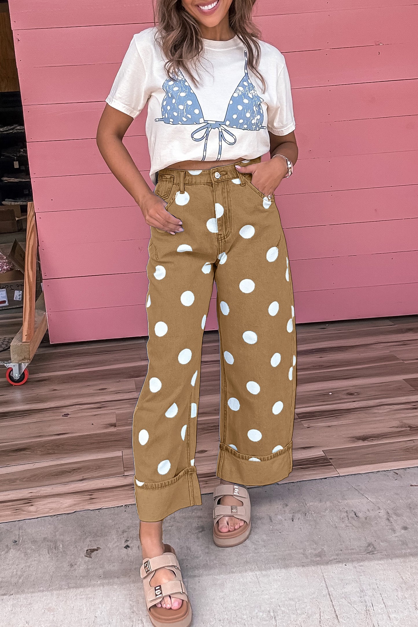 Sky Blue Polka Dot Ankle-Length Metal Button Casual Jeans