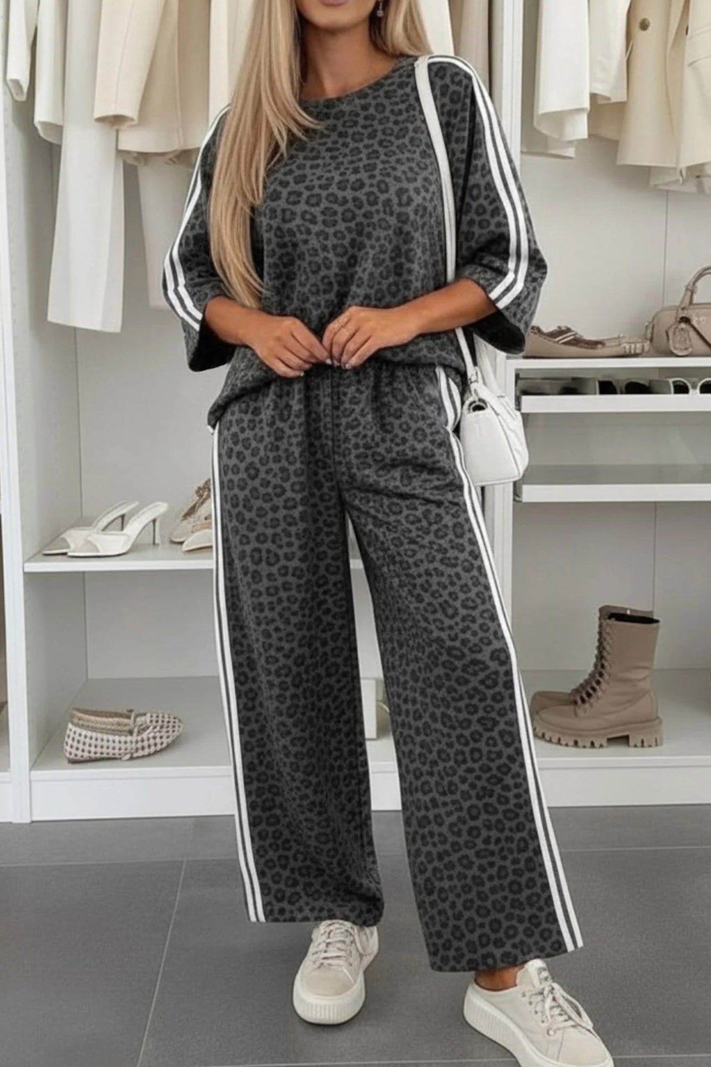 Gray Leopard Print Varsity Striped Detail 3/4 Sleeve Top Shift Pant Set
