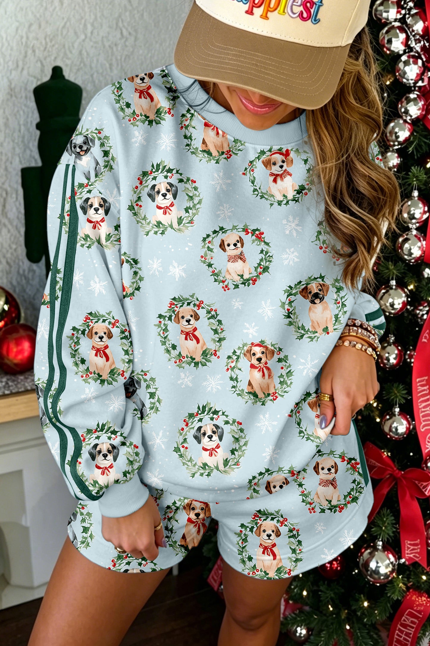 Sky Blue Holiday Puppies Wreath Print Pocket Sweatshirt and Shorts Set