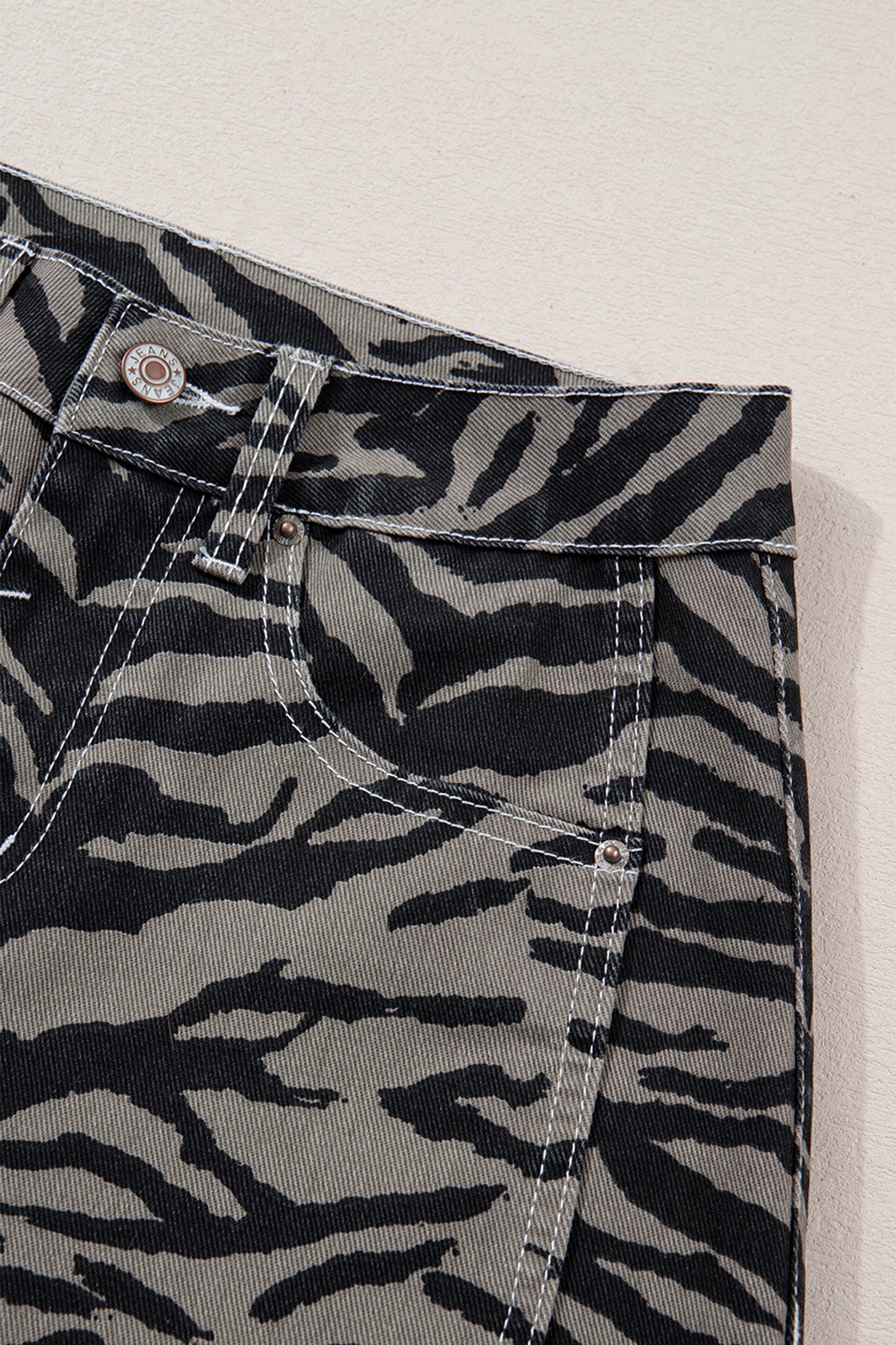 Gray Zebra Stripe Printed Wide Leg Jeans