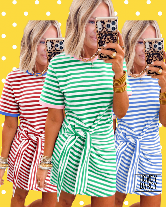 Sky Blue Stripe Nautical Tie Contrast Trim Round Neck T Shirt Mini Dress