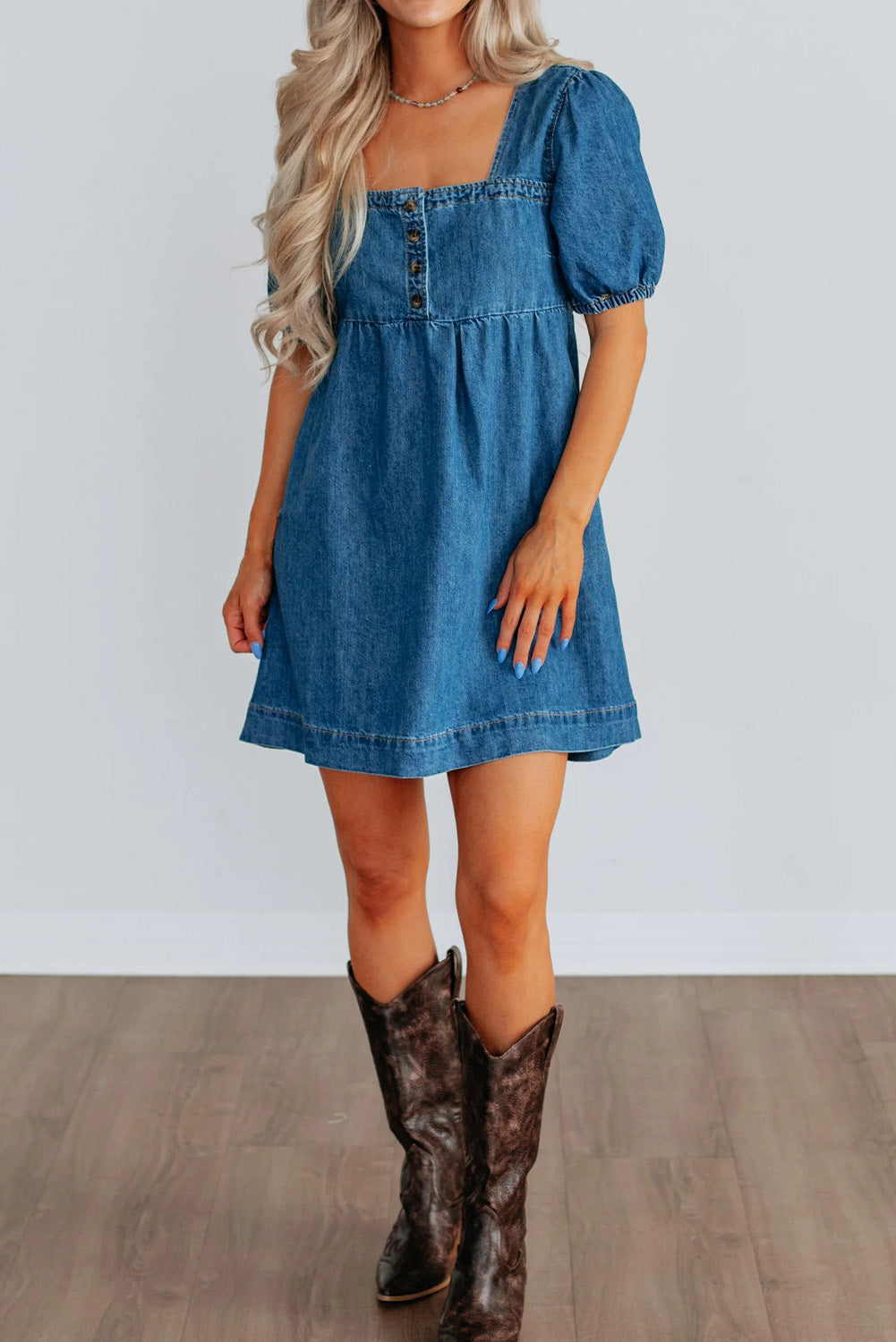 Prussian Blue Button Square Neck Short Puff Sleeve Denim Mini Dress