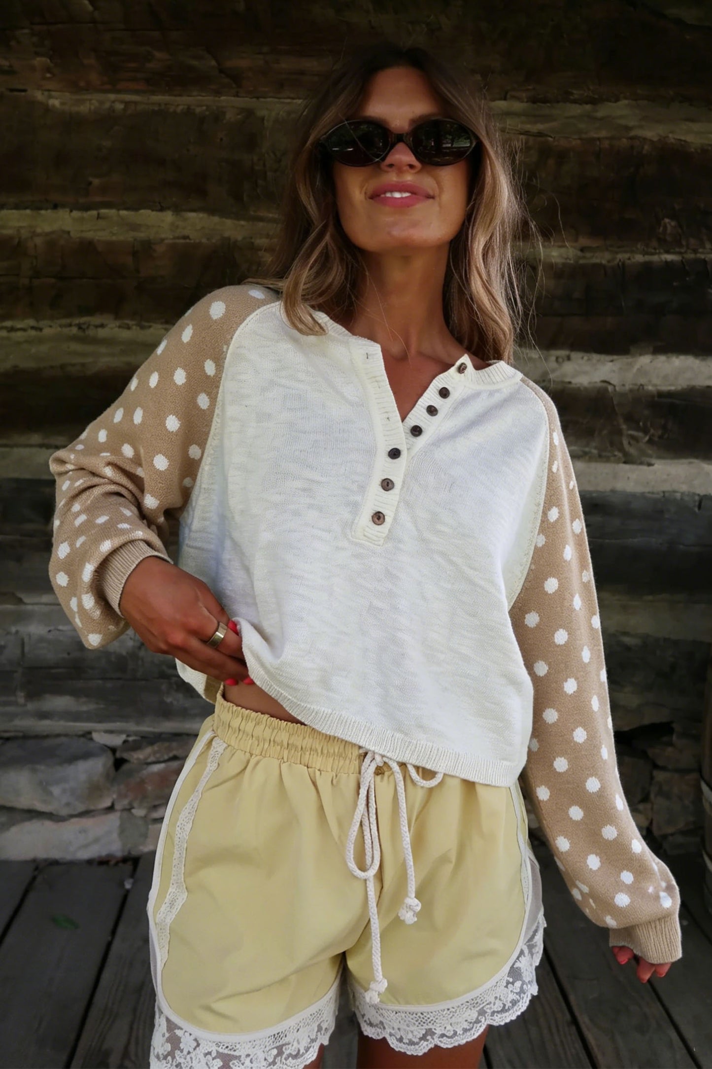 Khaki Polka Dot Contrast Long Sleeve Button V Neck Sweater