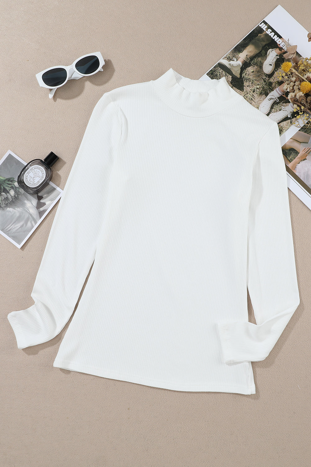 White Ribbed Knit High Neck Long Sleeve Top