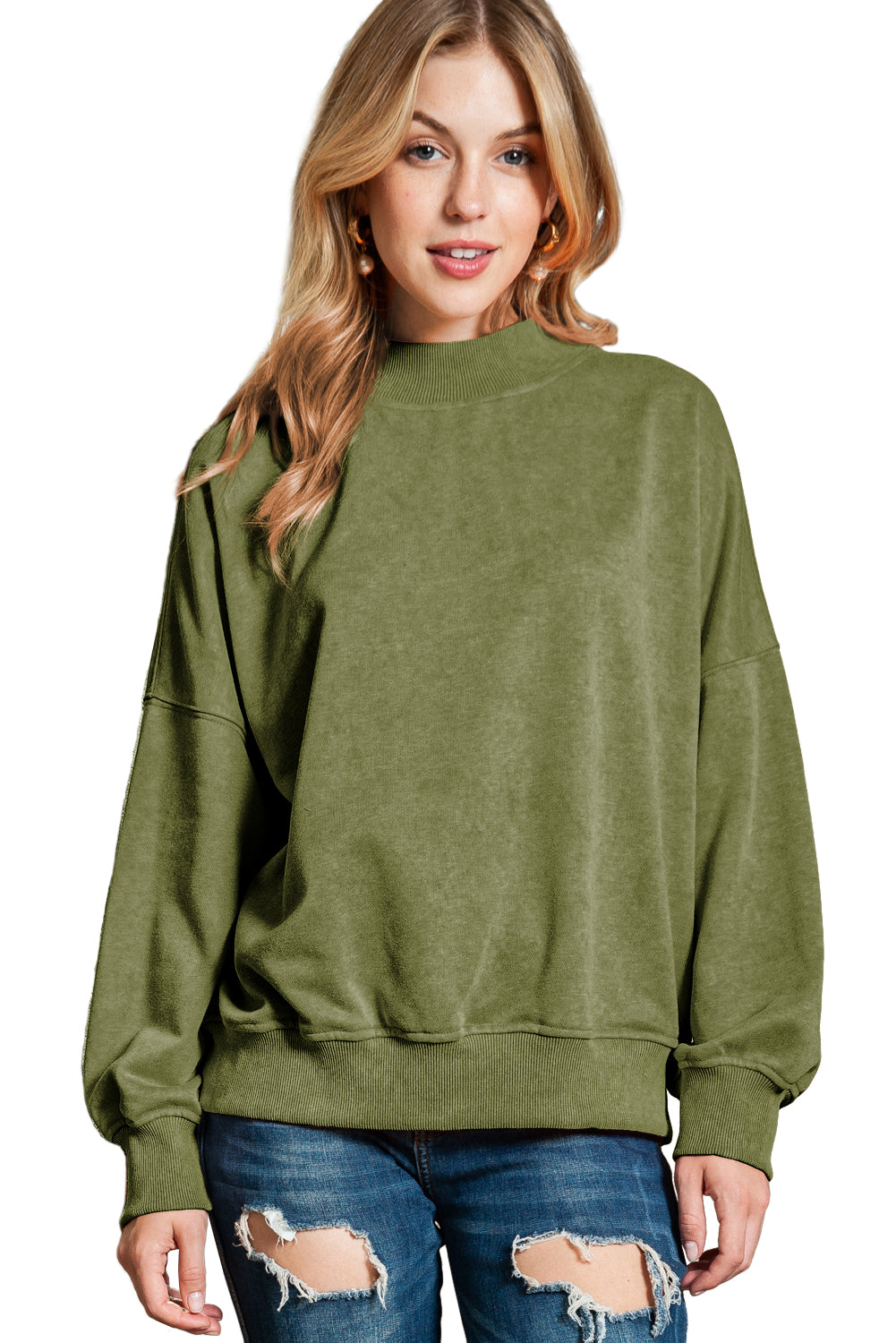 Blue Plain Drop Shoulder Crew Neck Pullover Sweatshirt