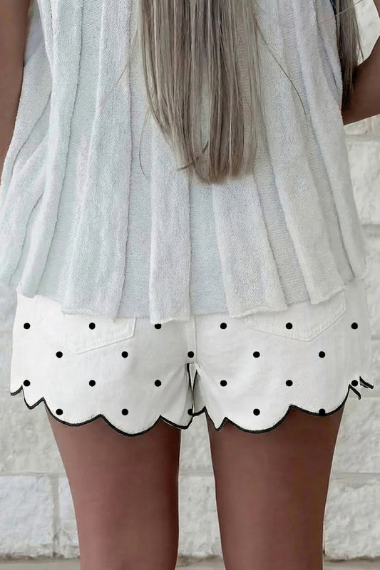 White Polka Dot Print Embroidered Scallop Hem Shorts- pre order