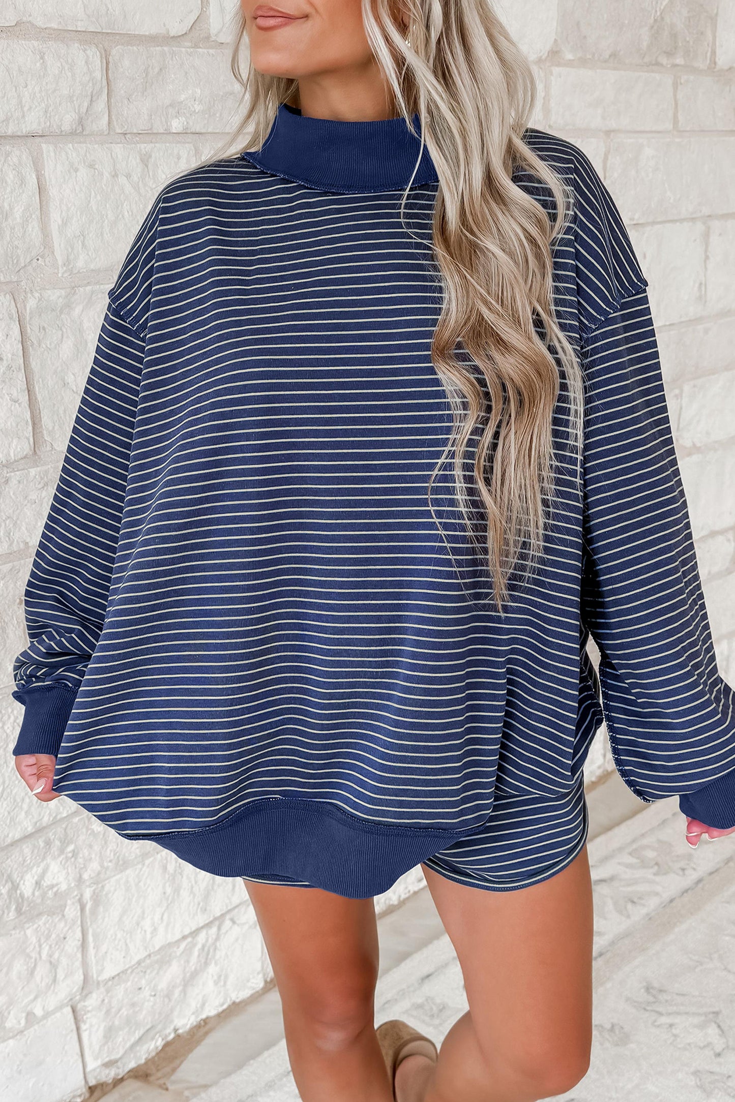 Blue Stripe Ribbed Patchwork Mock Neck Baggy Pullover Matching Shorts Set