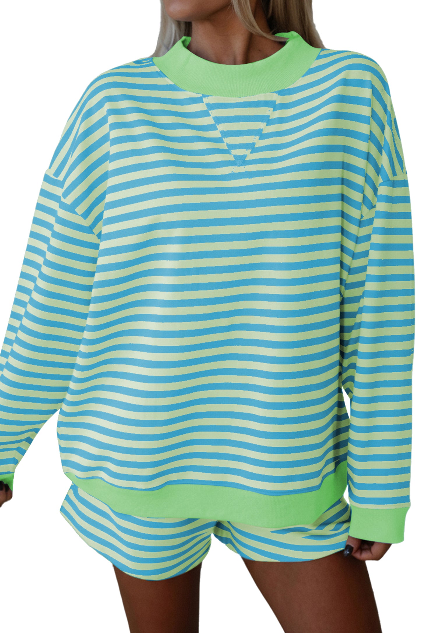 Green Stripe Color Block Detail Long Sleeve Pullover Elastic Waist Pull On Shorts 2pcs Set