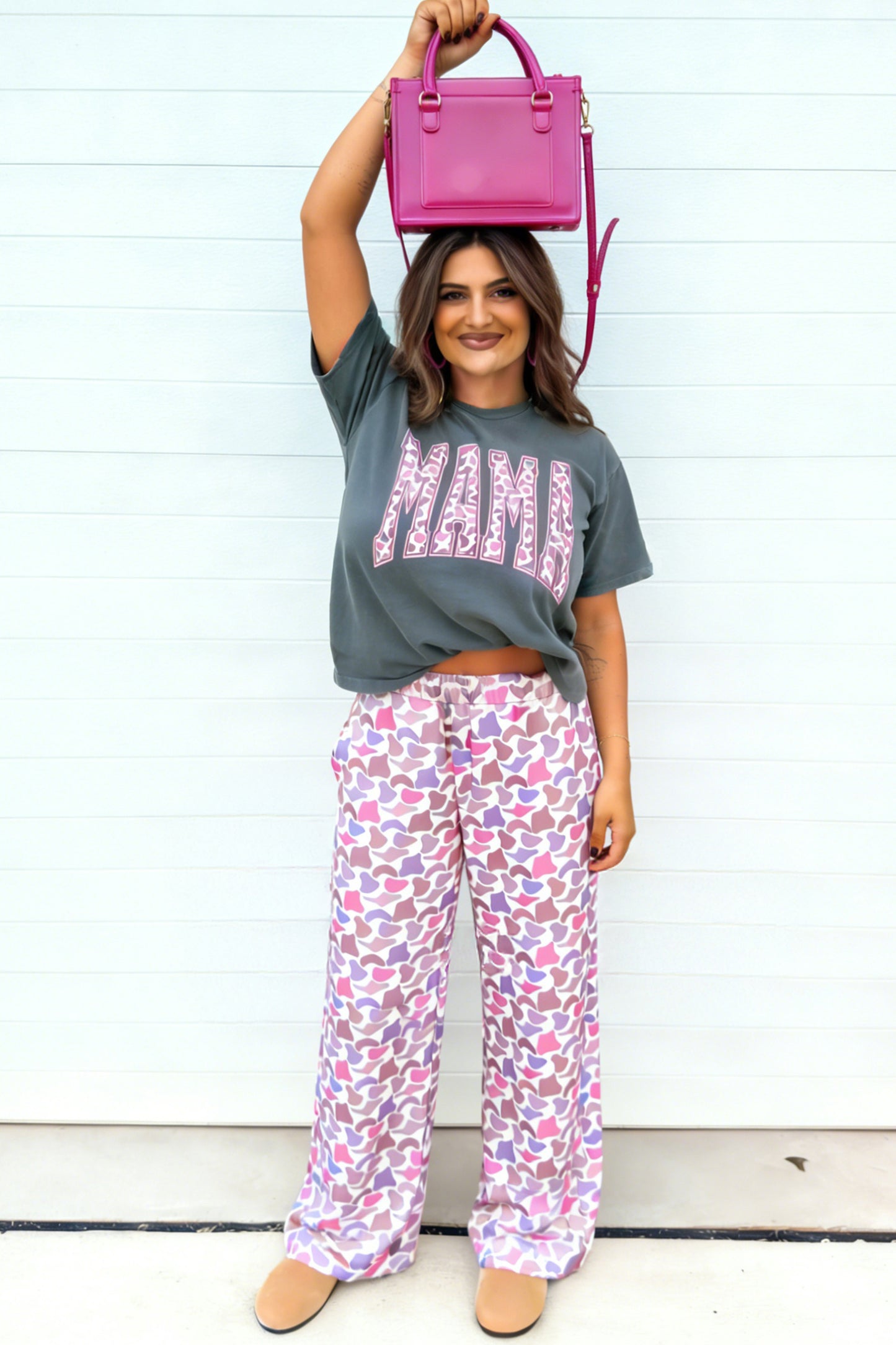 Medium Grey MAMA Letter Graphic Tee Camouflage Print Loose Pant Set