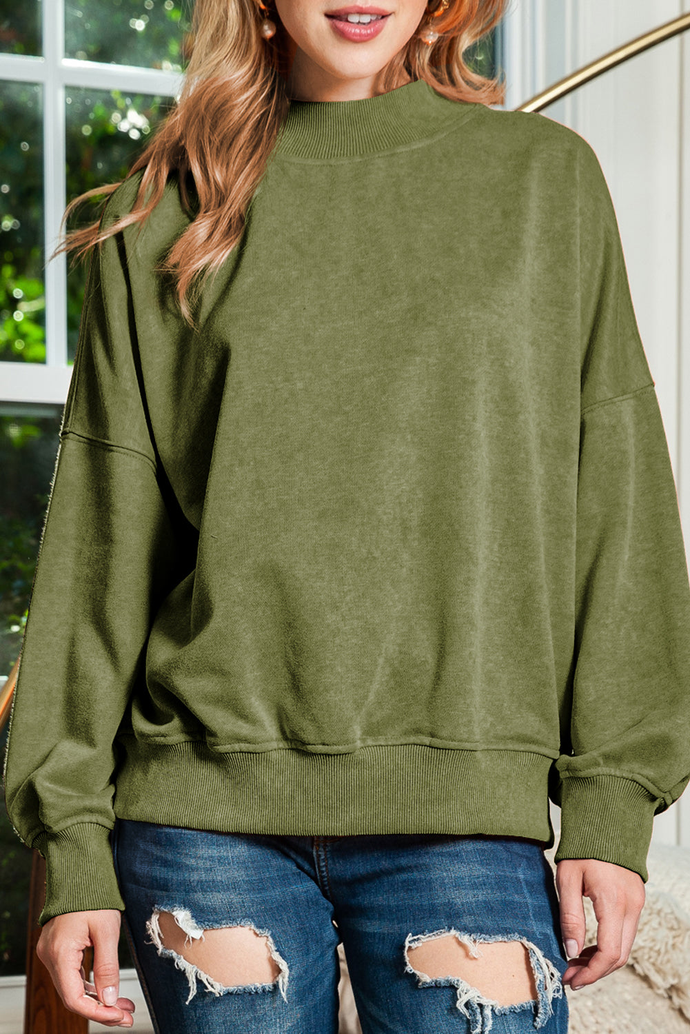 Blue Plain Drop Shoulder Crew Neck Pullover Sweatshirt