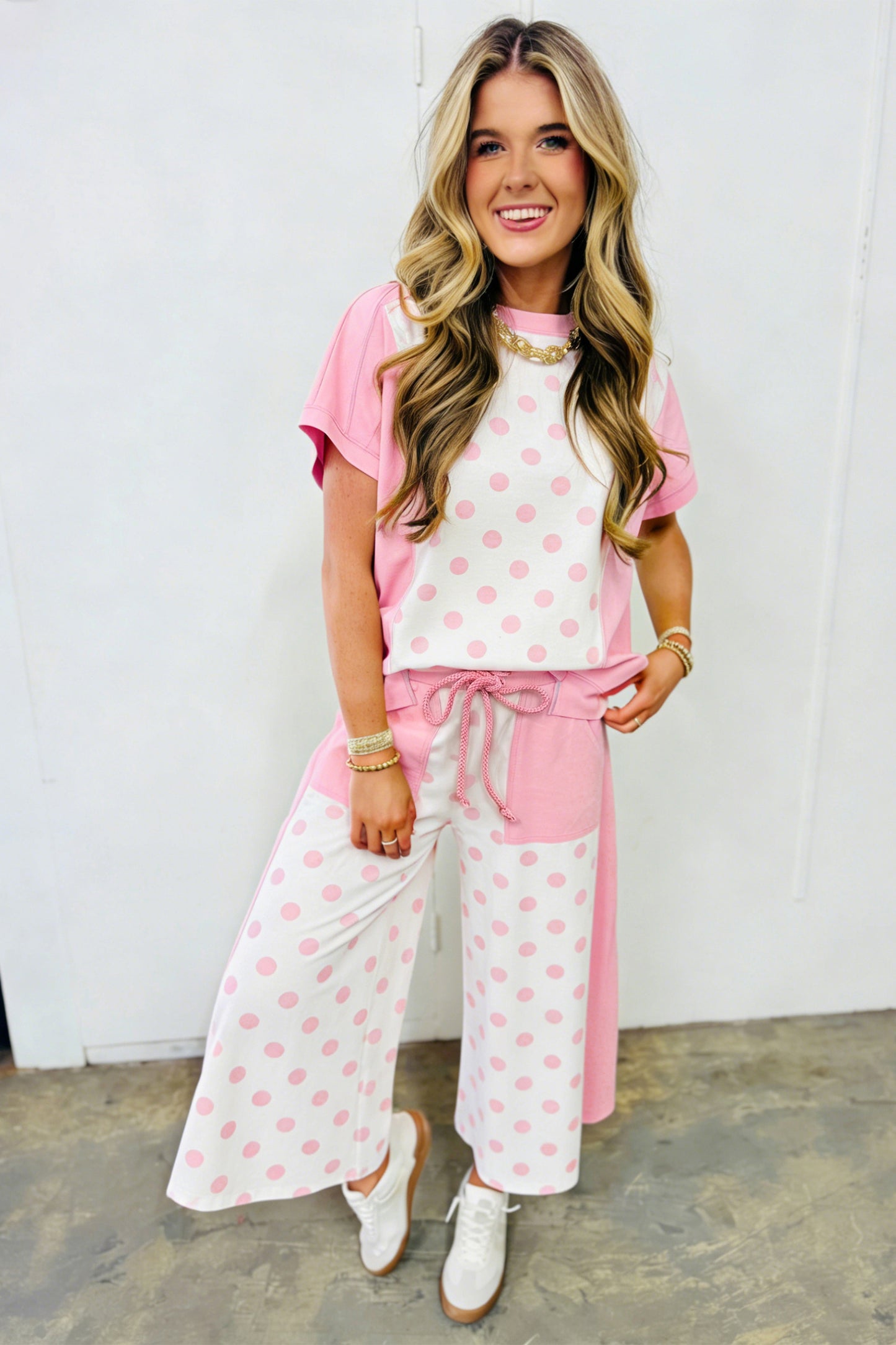 Yellow Color Block Patchwork Polka Dot Wide Leg Pant Set pre order