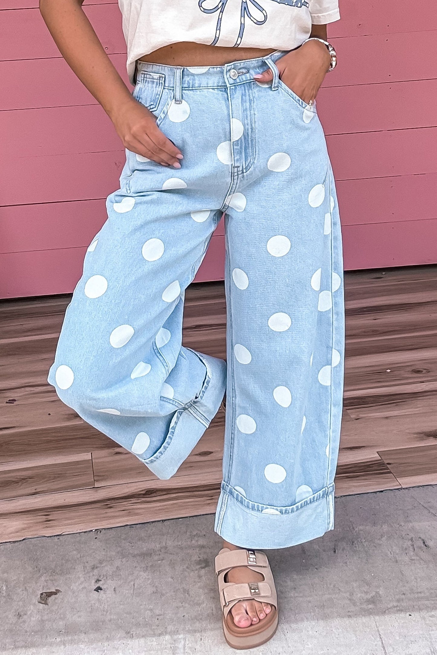 Sky Blue Polka Dot Ankle-Length Metal Button Casual Jeans