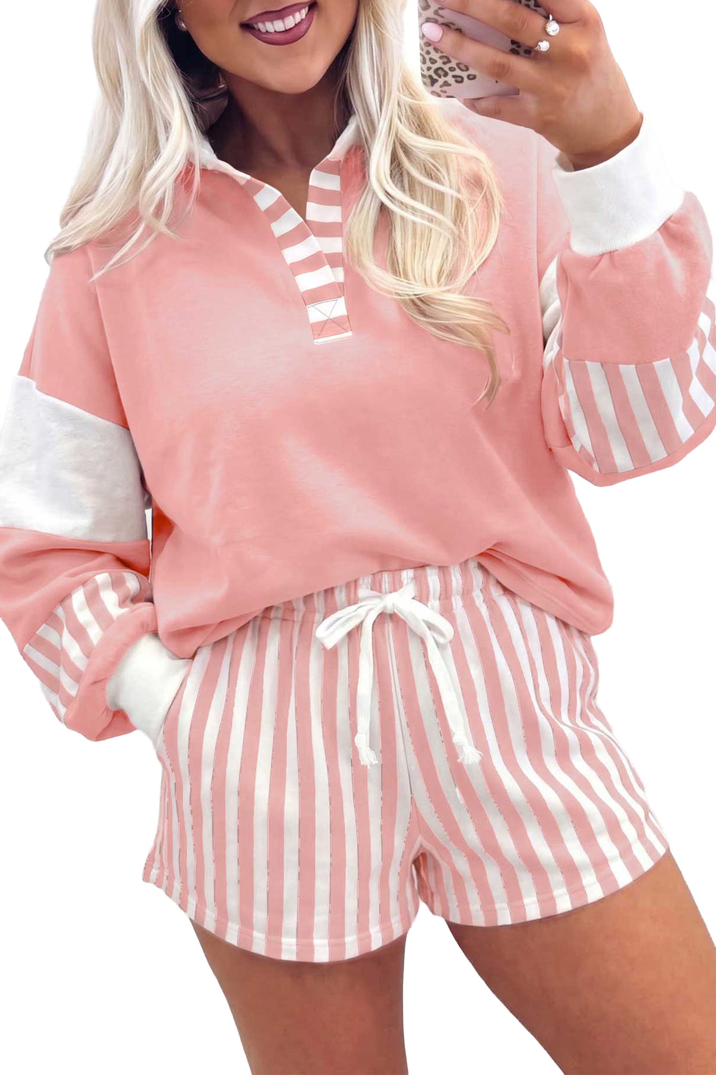 Smoke Green Striped Color Block Pullover Top Drawstring Shorts Set