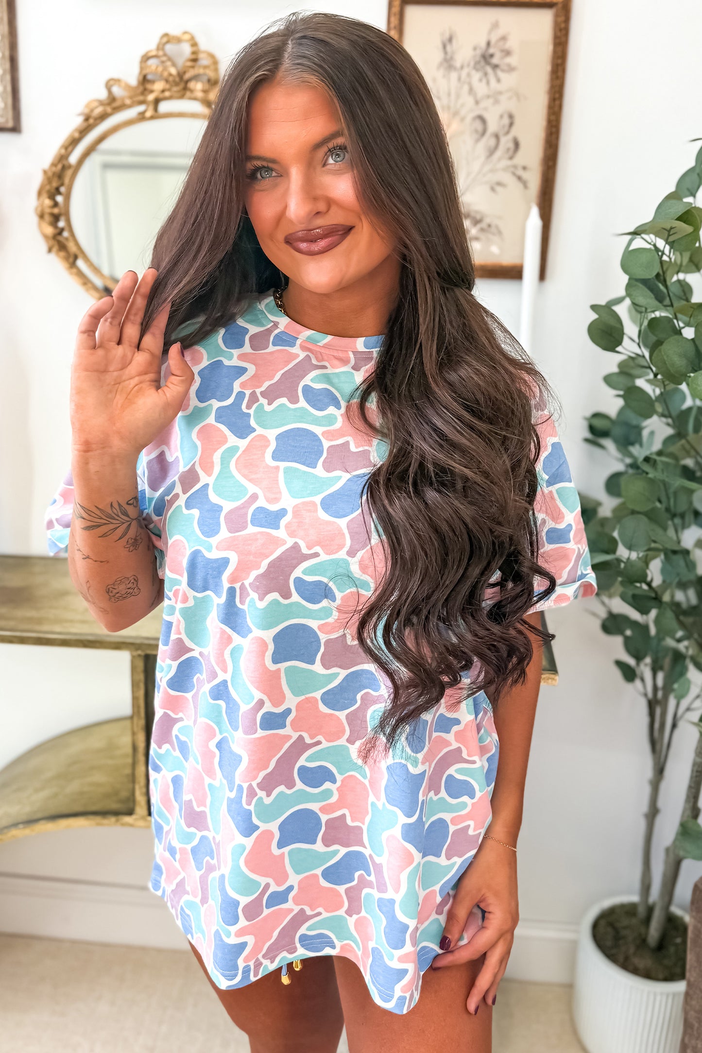 Multicolour Camouflage Print Preppy Fashion Tunic Tee