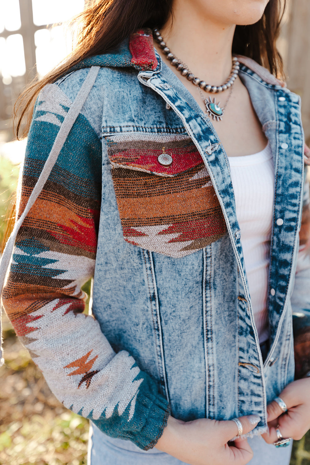 Multicolor Geometric Print Frayed Hem Denim Jacket