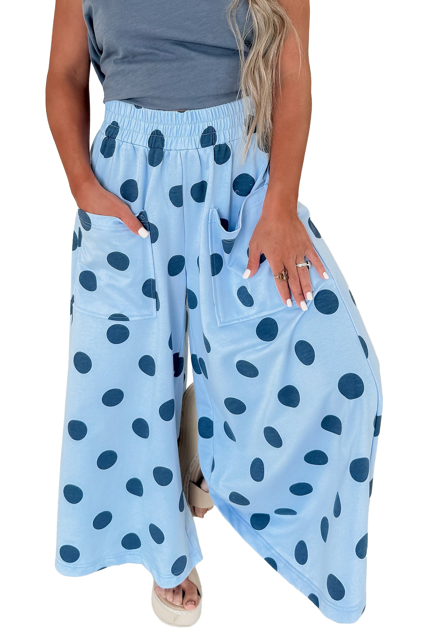 Sky Blue Polka Dot Elastic Waist Pocketed Wide Leg Pants pre order