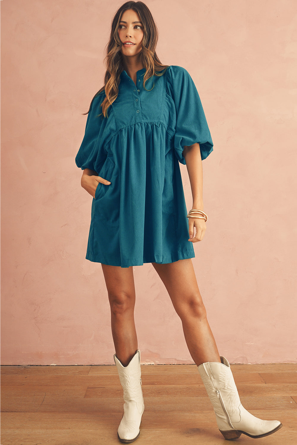 Sky Breeze Empire Waist Corduroy Dress.