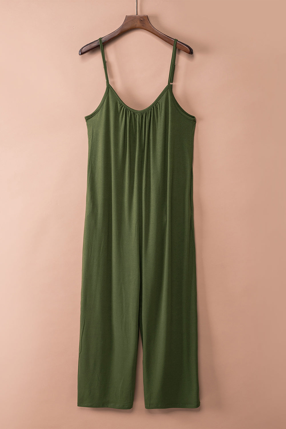 Green Grey Casual Spaghetti Straps Wide Leg Pocketed Jumpsuits