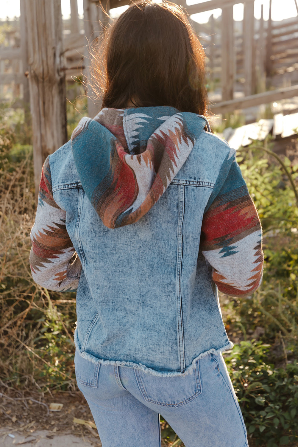 Multicolor Geometric Print Frayed Hem Denim Jacket