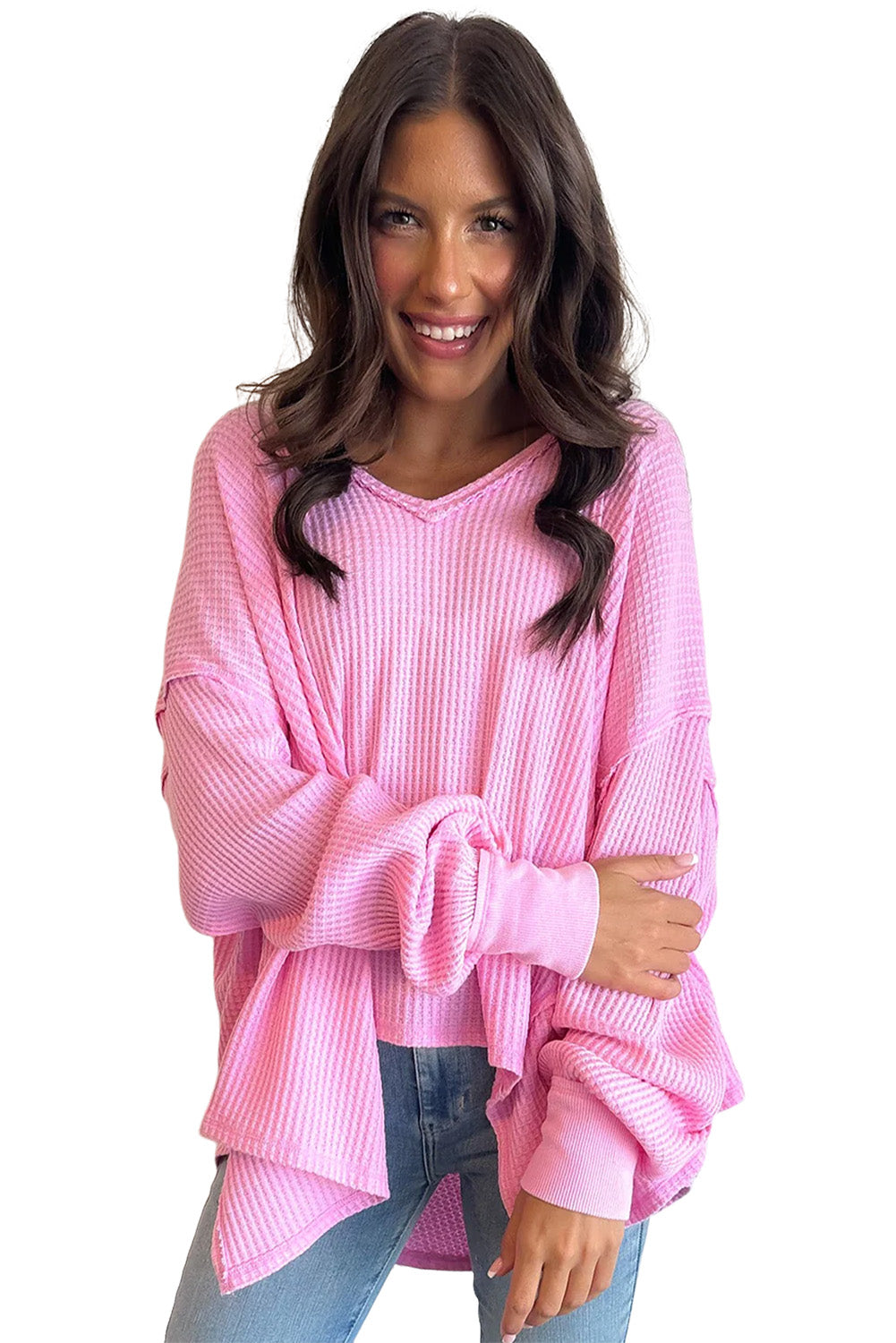 Pink Waffle Textured V-Neck Oversized Top