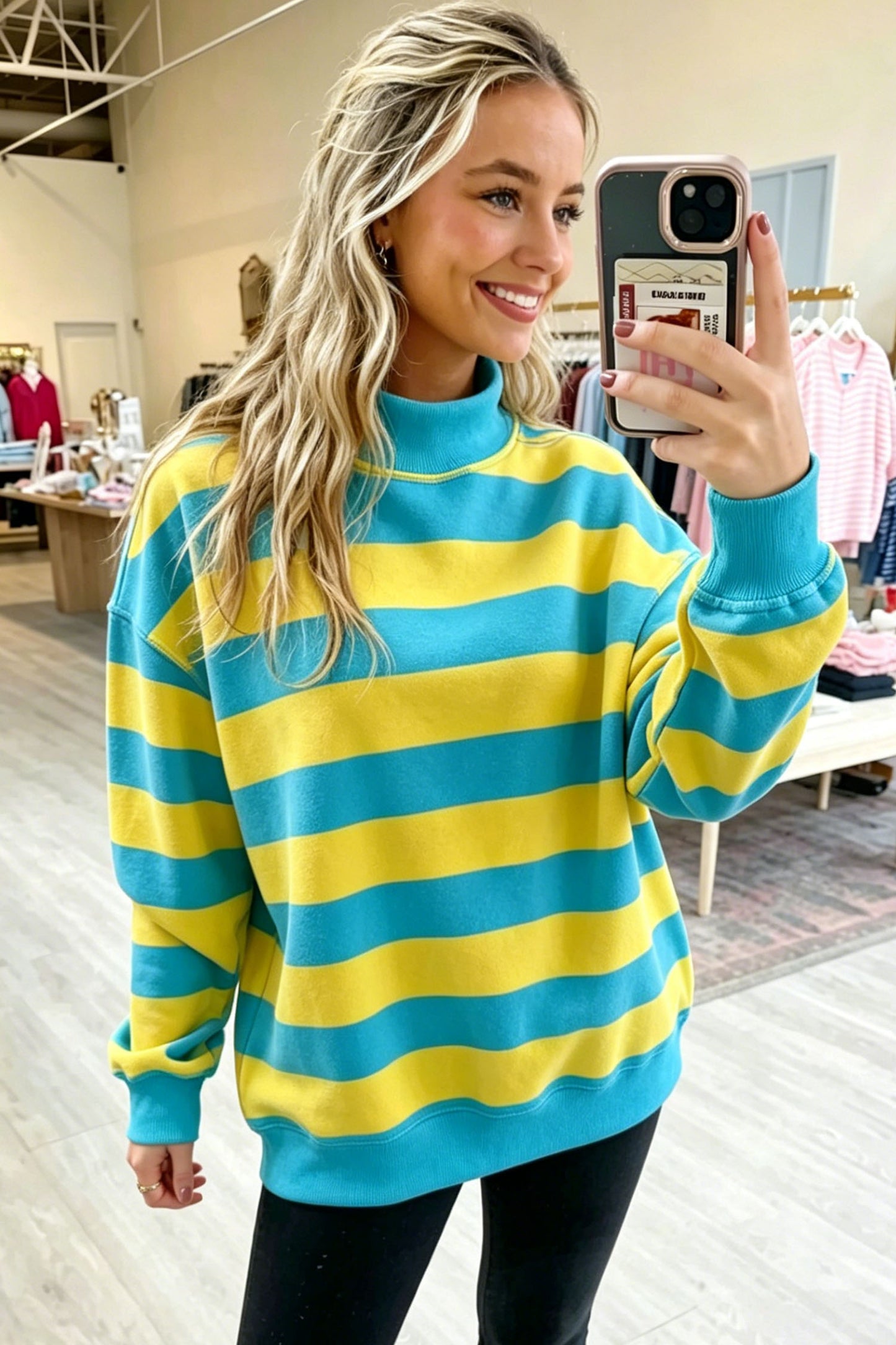 Rose Stripe Colorblock Mock Neck Relaxed Sweatshirt