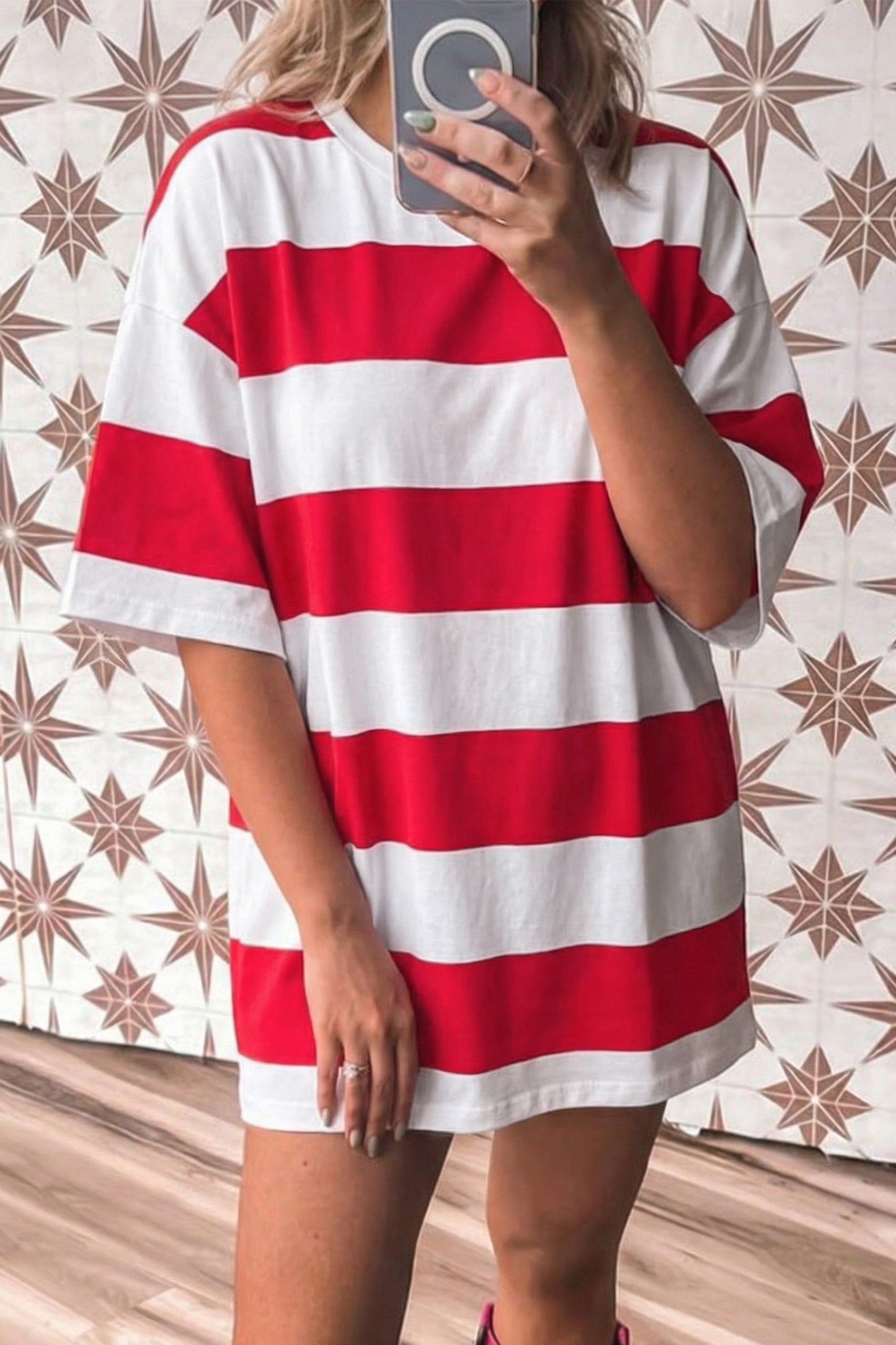 Bright Pink Striped Color Block Oversize Tunic Tee
