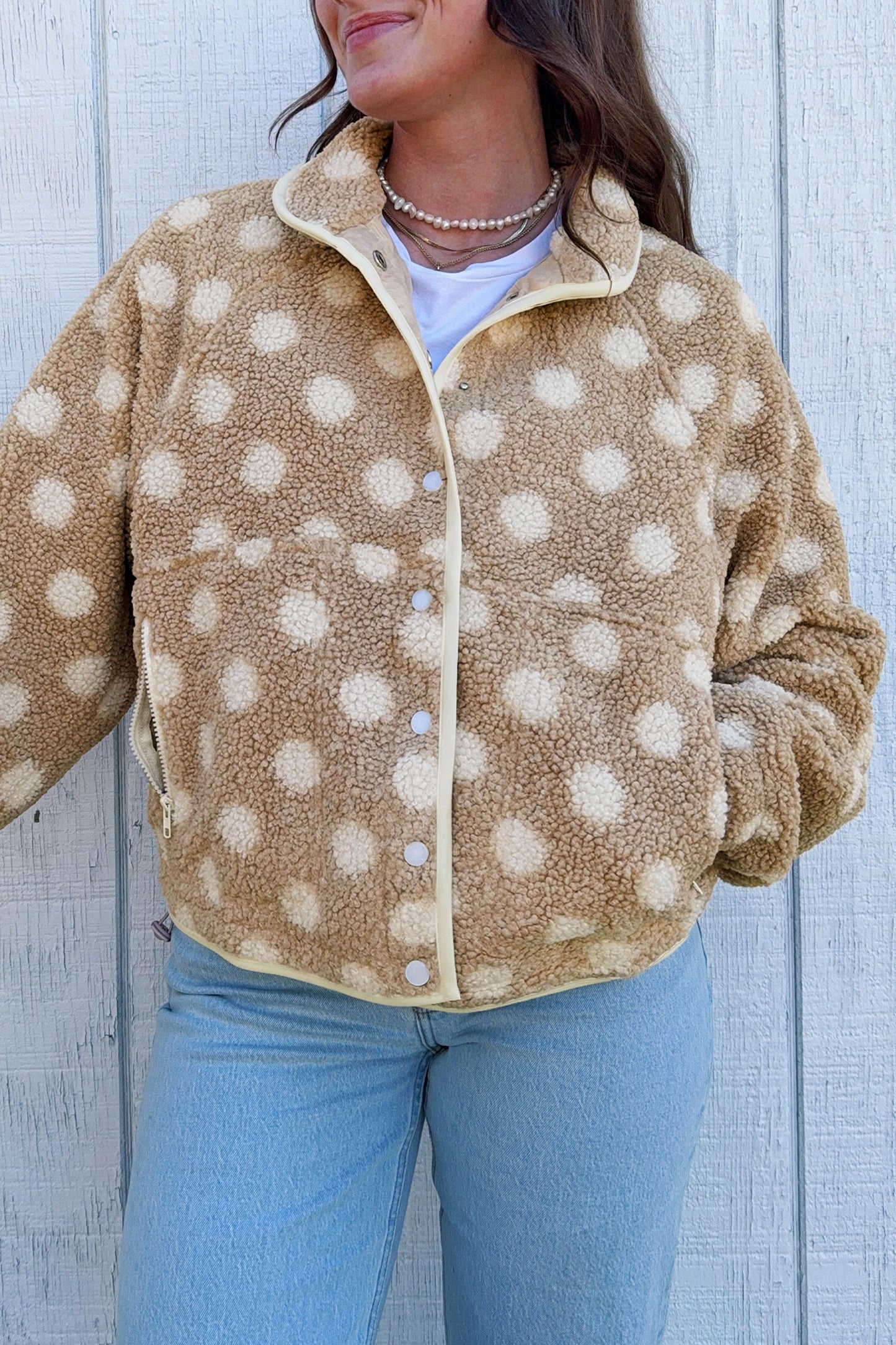 Khaki Polka Dot Faux Fur Metal Button Placket Shift Silhouette Jacket