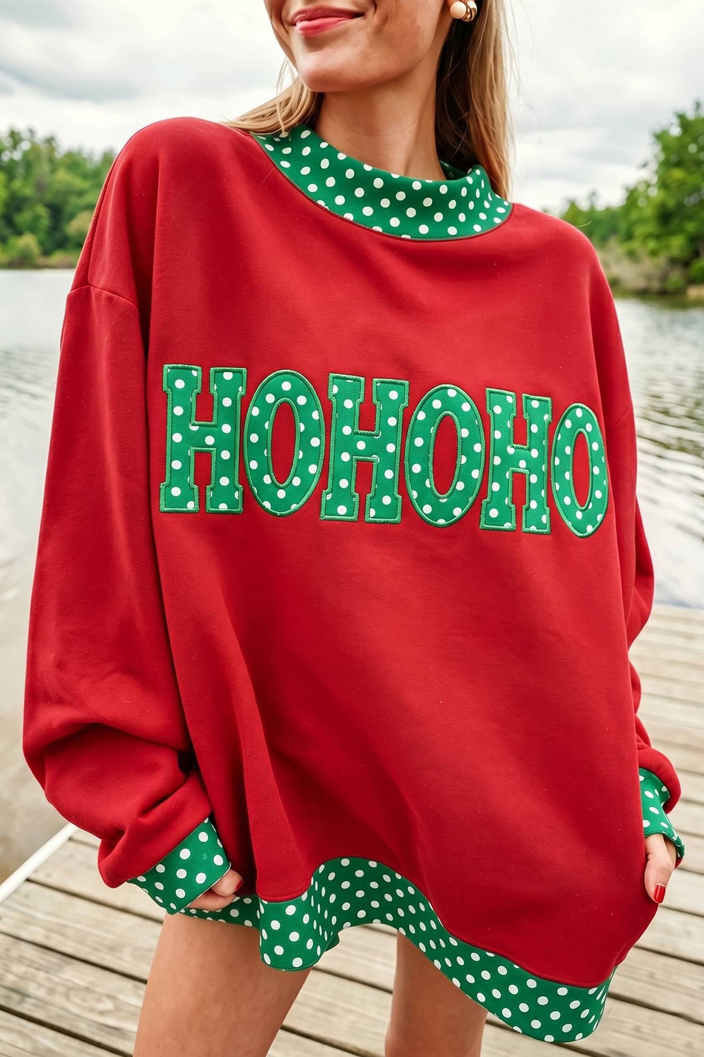 Grapefruit Orange Polka Dot Letter Print Contrast Trim Mock Neck Sweatshirt