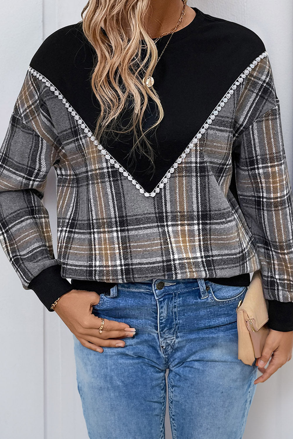 Black Plaid Patchwork Crew Neck Sweatshirt