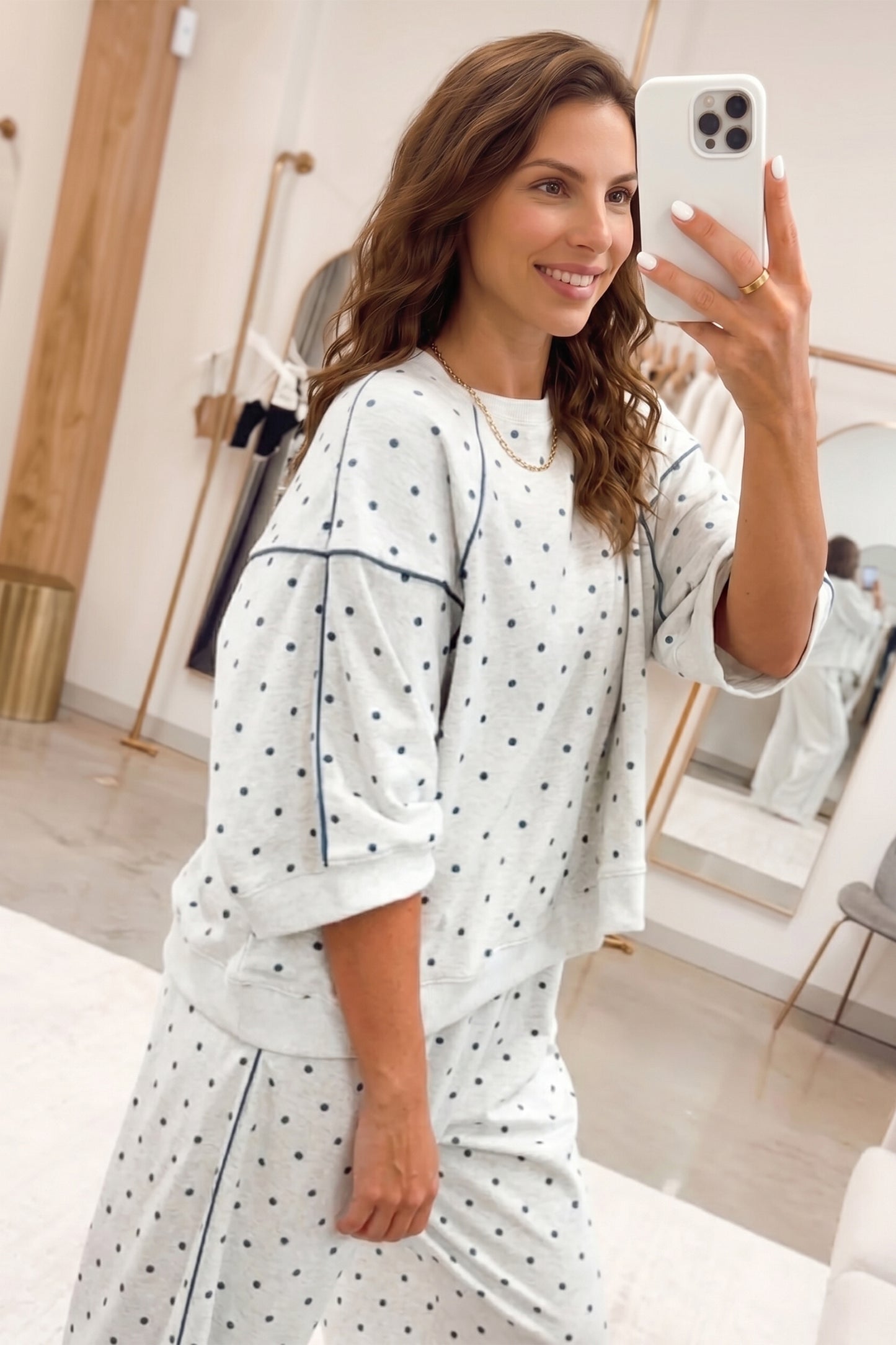 Gray Polka Dot Print Piping Trim 3/4 Sleeve Relaxed Top