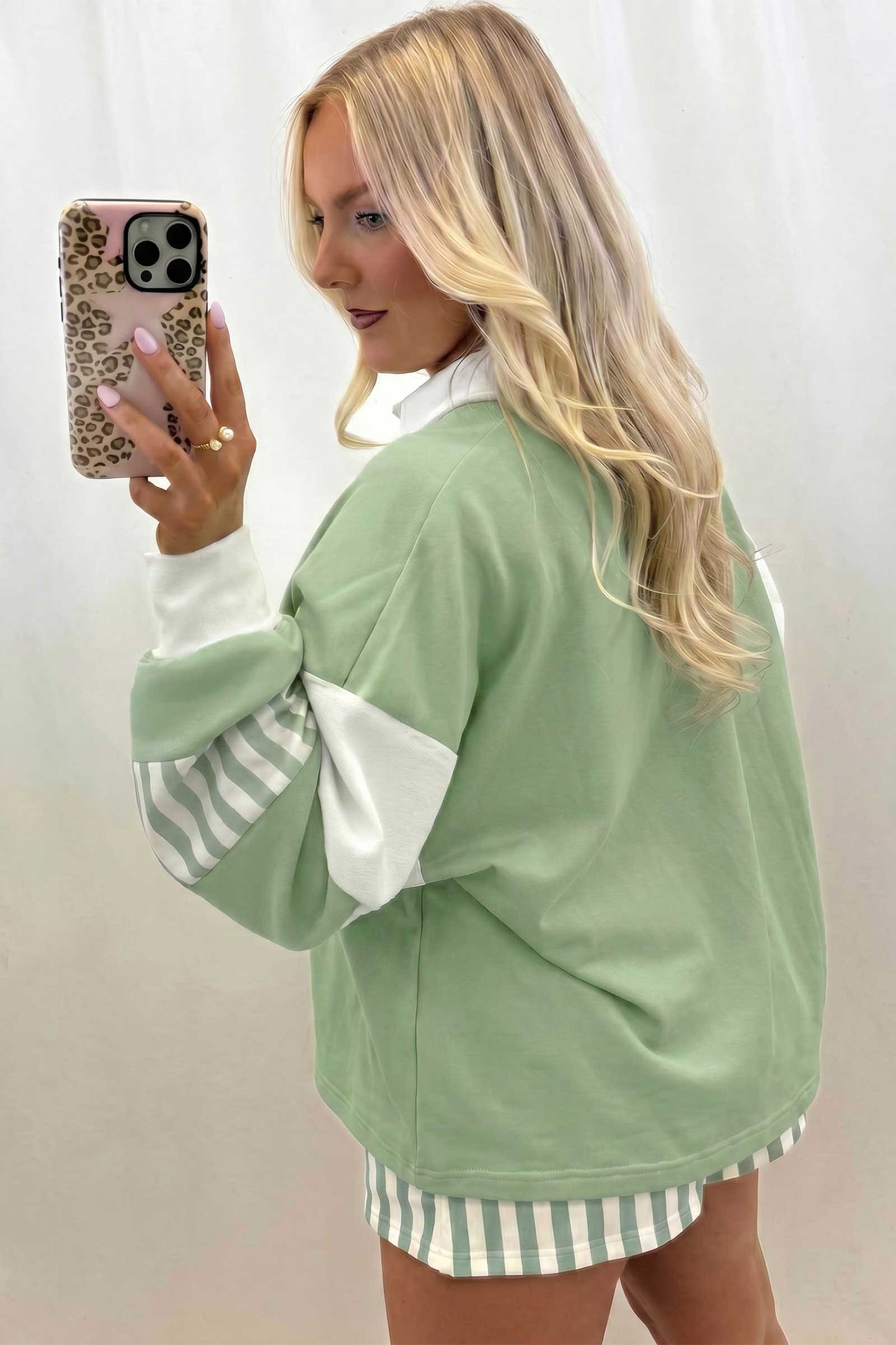 Smoke Green Striped Color Block Pullover Top Drawstring Shorts Set
