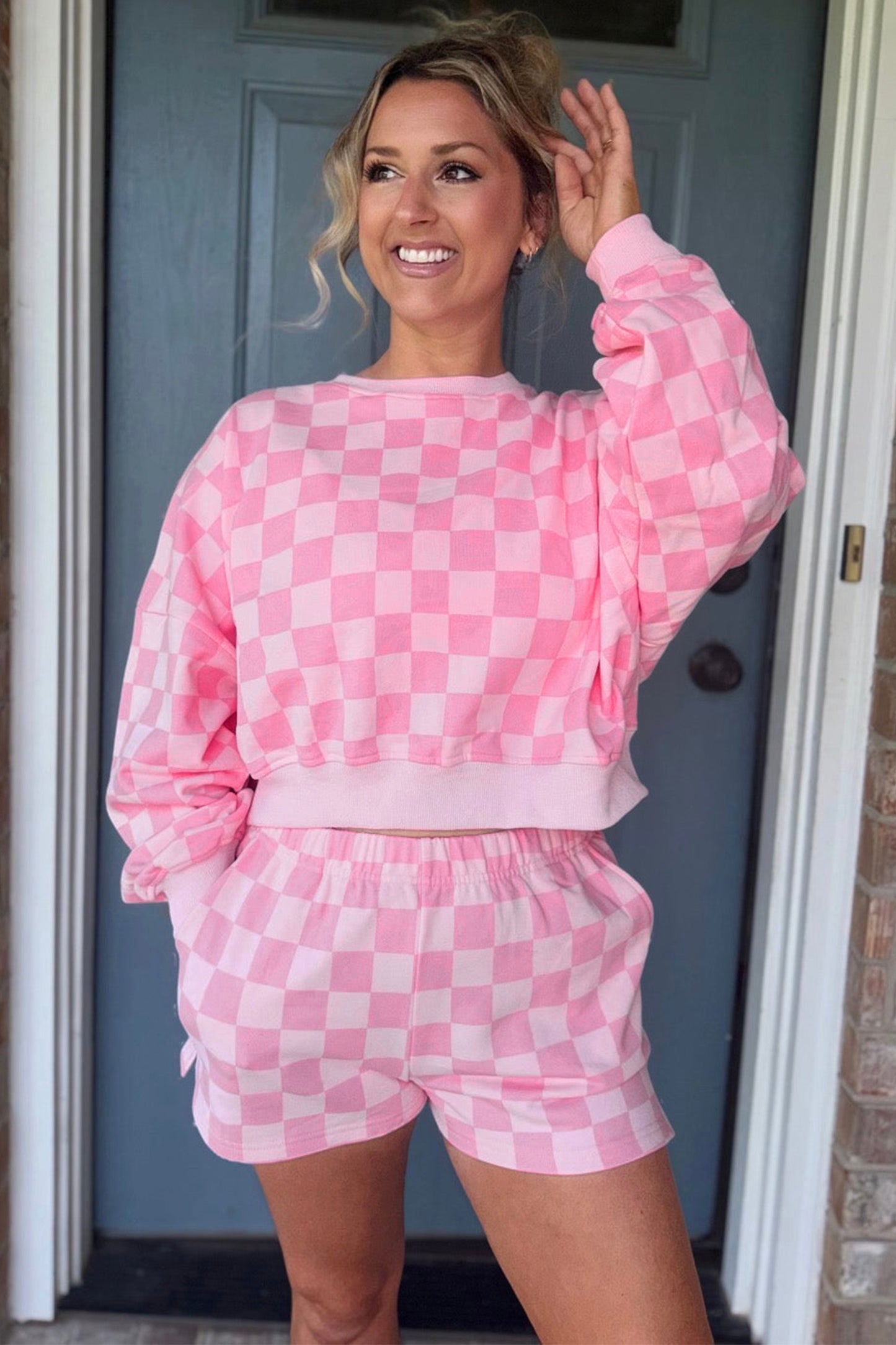 Dark Blue Plaid Checkered Long Sleeve Crop Top Elastic Waist Shorts Two Piece Set