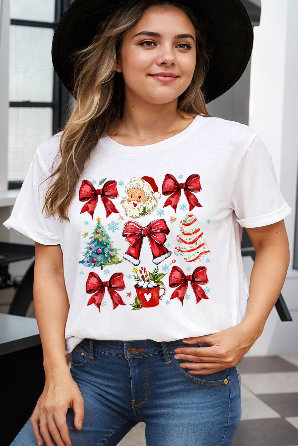 White Christmas Tree Santa Claus Bowknot Graphic Plus Size T Shirt