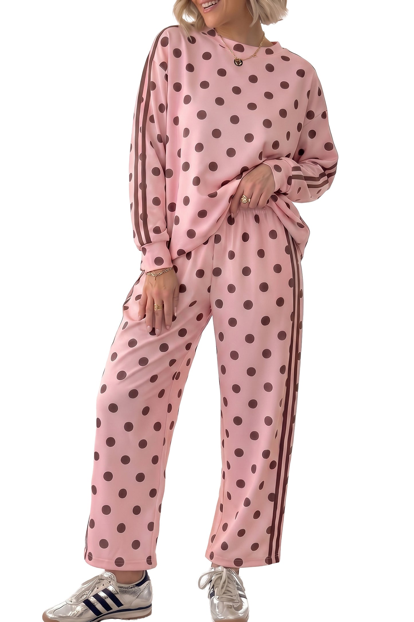 Pink Polka Dot Print Side Stripe Detail Long Sleeve Top Casual Pant Set