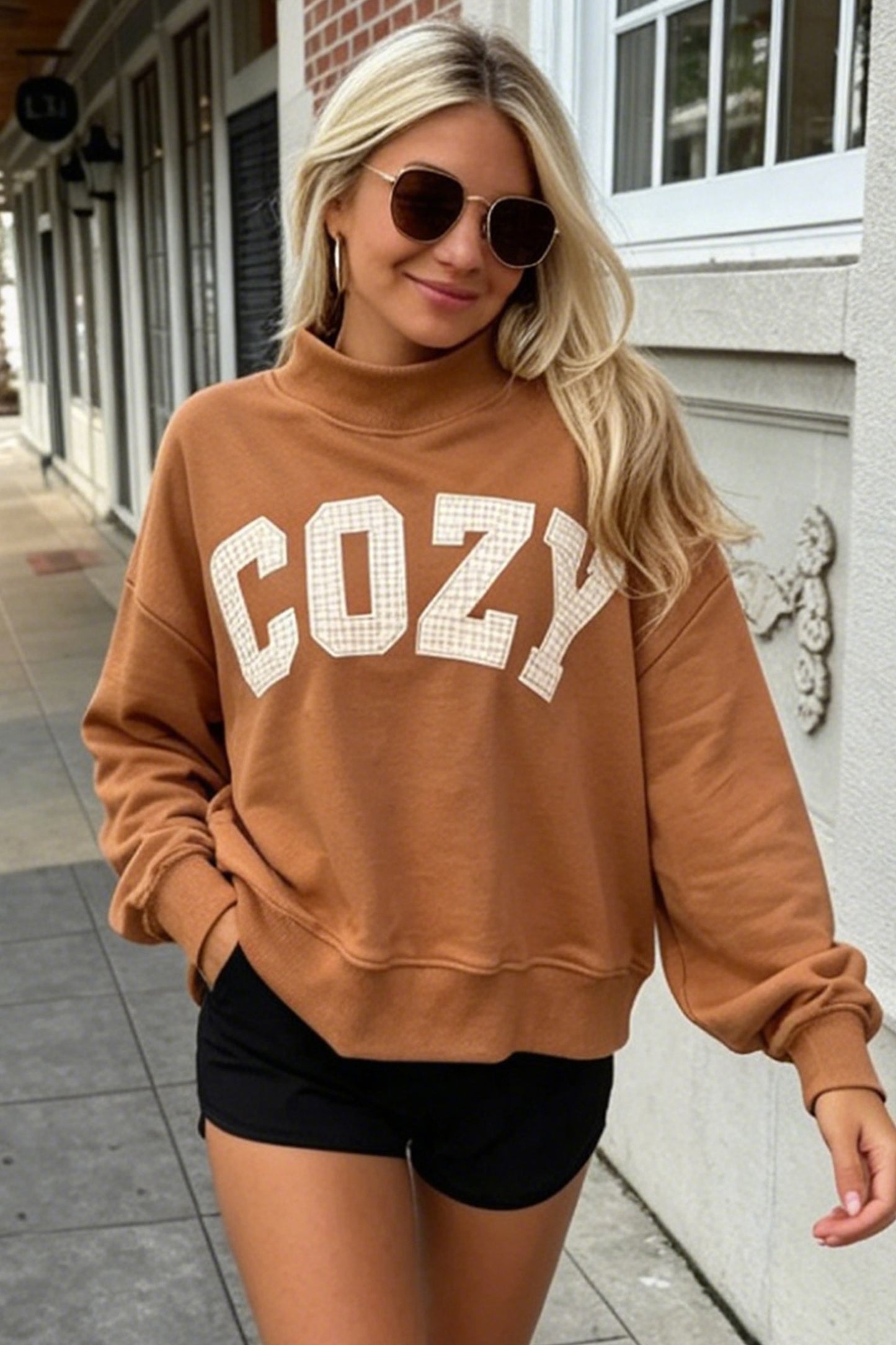 Chestnut Stay Salty Embroidered Long Sleeve Stand Neck Shift Pullover Sweatshirt