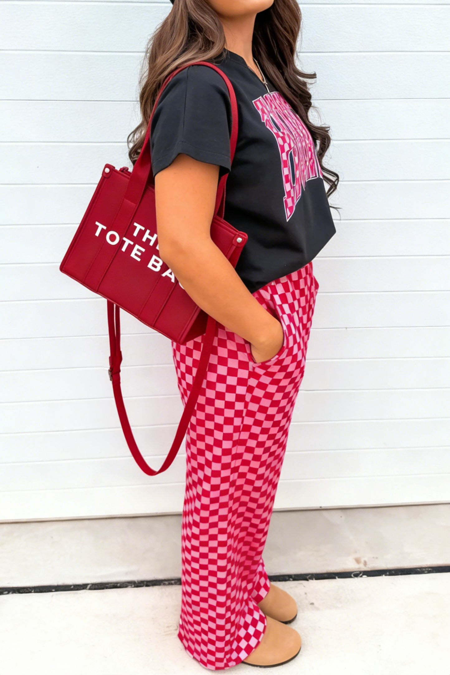 Black V Neck HONEY Tee Contrasted Checkered Pant Set