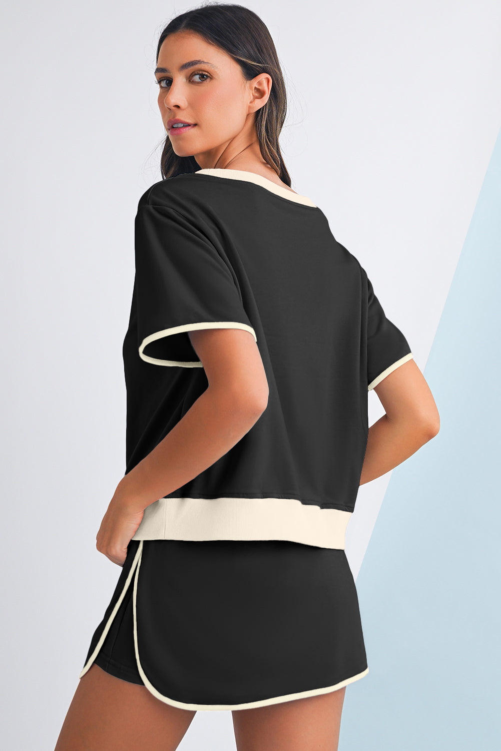 Black Colorblock Edge Drop Shoulder T Shirt and Skort 2Pcs Set