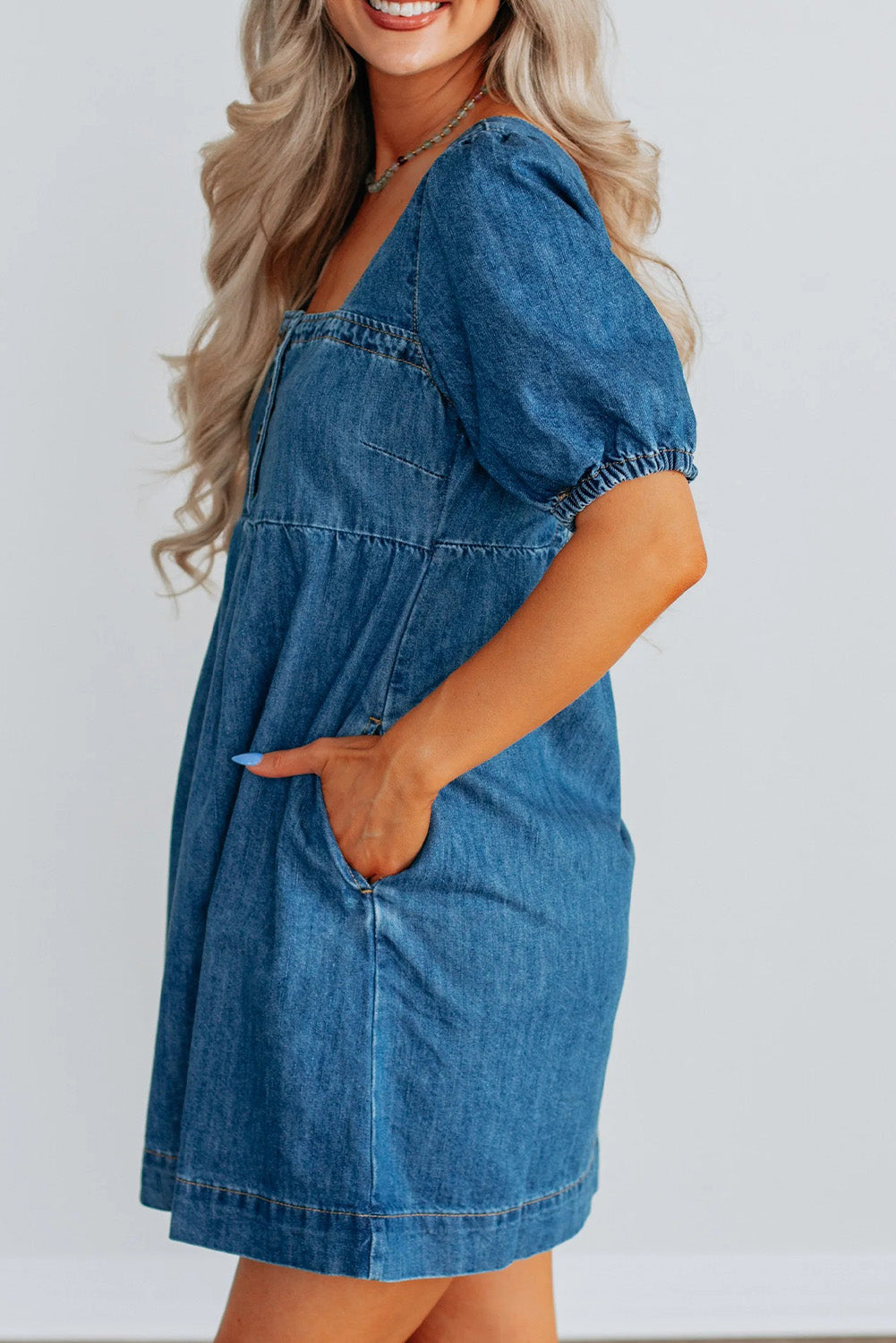 Prussian Blue Button Square Neck Short Puff Sleeve Denim Mini Dress