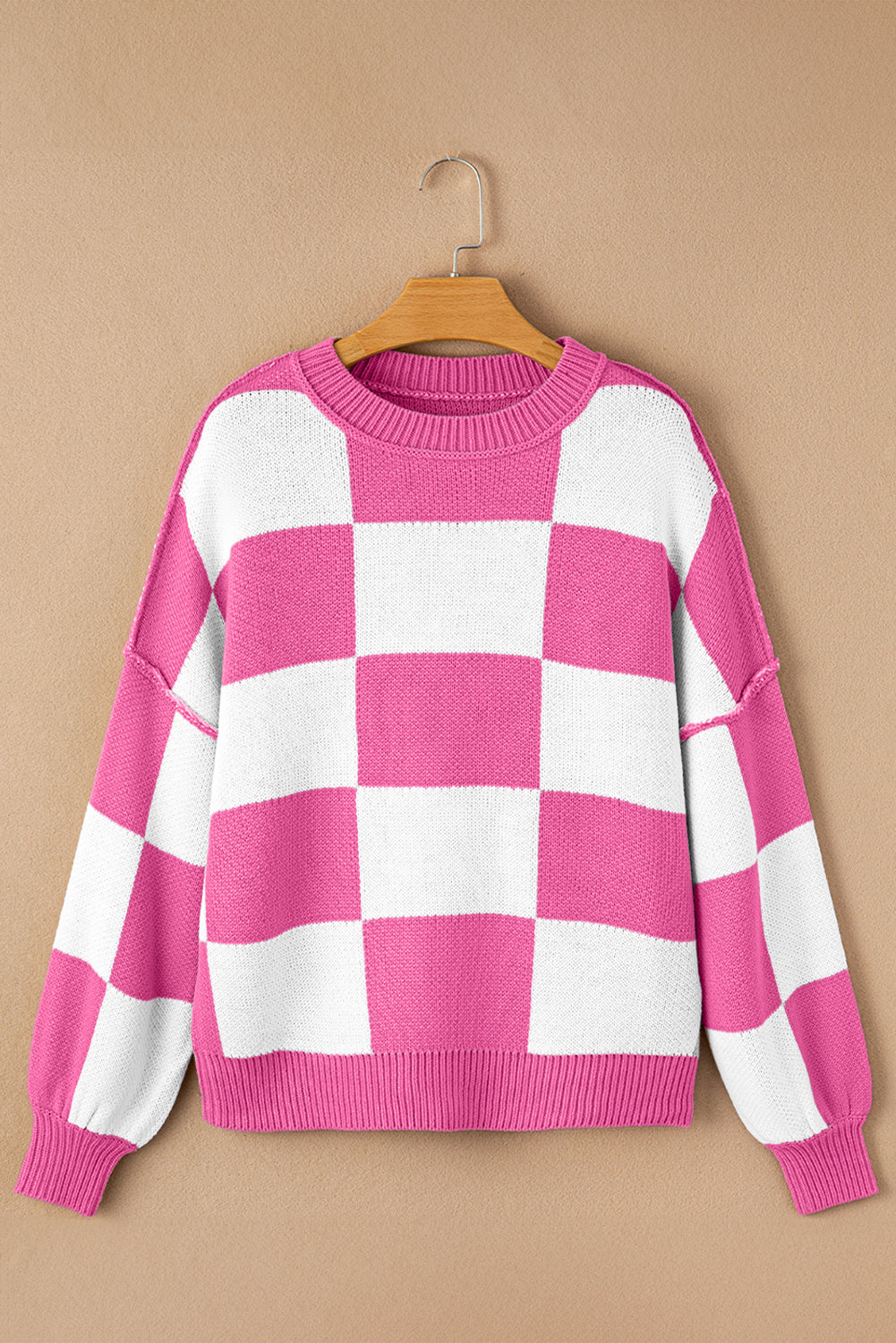 Rosy Checkered Bishop Sleeve Sweater